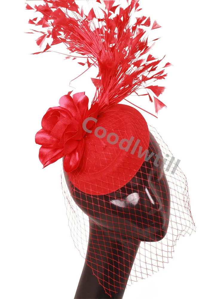 

Bride Mesh Wedding Red Hair Fascinator Accessories Women Flower Royal Ascot Headpiece With Headband For Girls Show Pillbox Caps