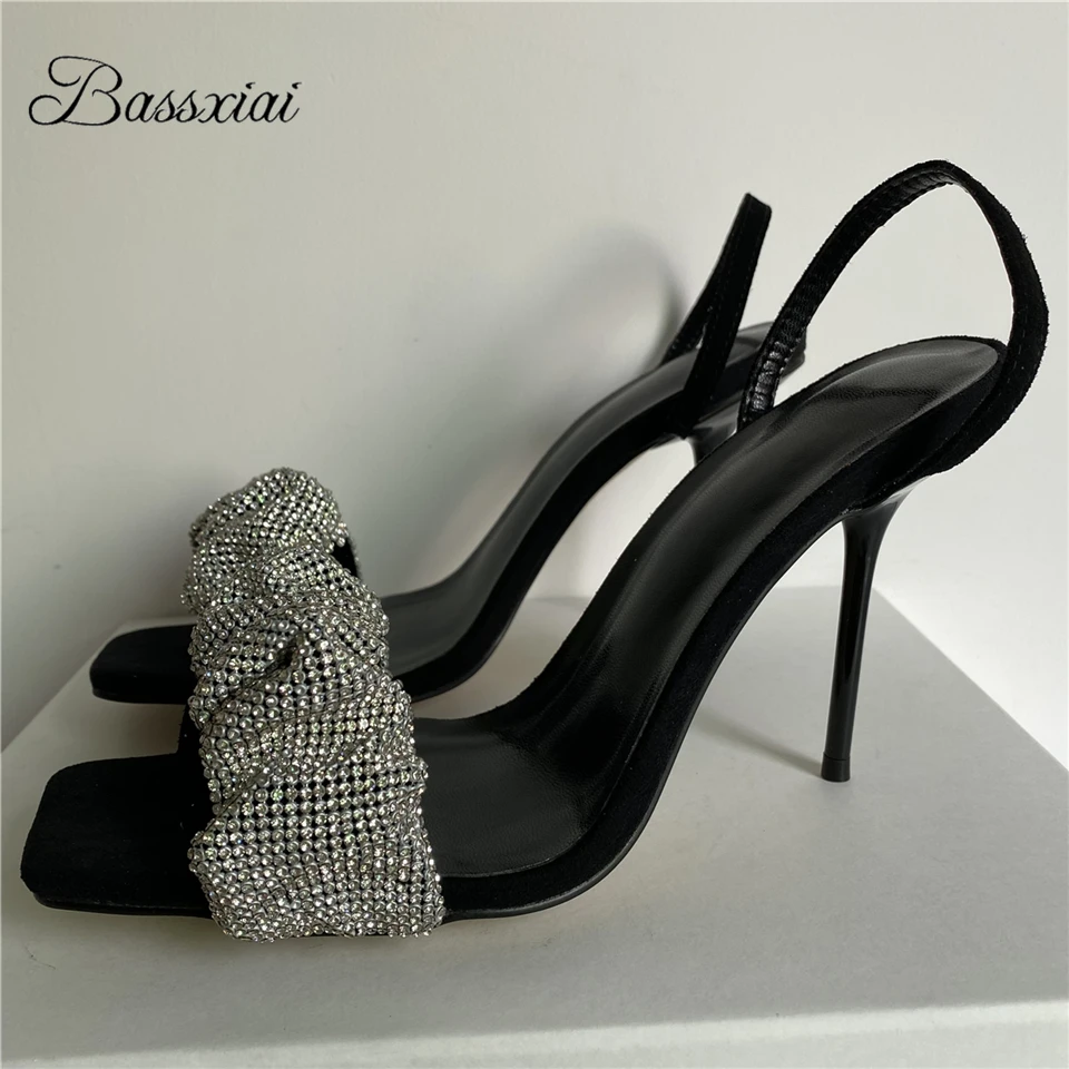 Pleated Rhinestone One-Strap Sandals For Girls Women Sharp Thin High Heels Real Leather Square Toe Summer Shoes