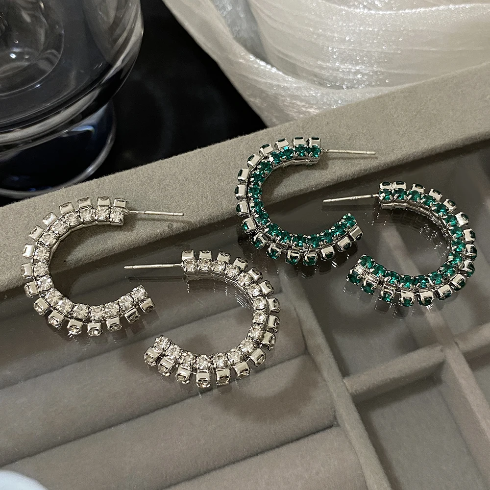 Flashbuy Shiny Luxury Green White Rhinestone C Type Hoop Earrings Woman‘s Simple Temperament Female Fashion Accessories