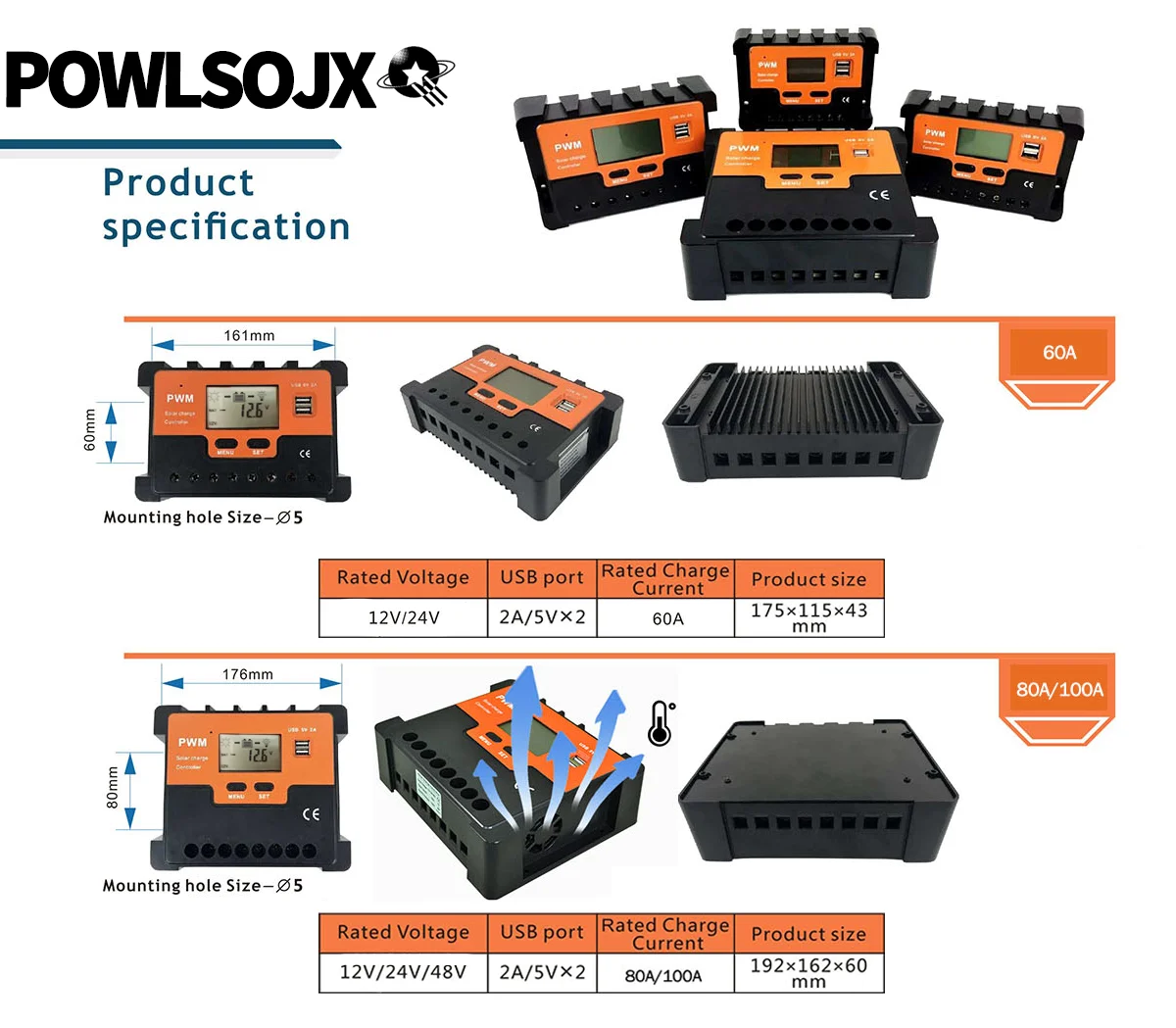 POWLSOJX PWM Solar Charge Controller 12V 24V 48V with USB Port, Negative Ground Battery Intelligent Regulator Compatible