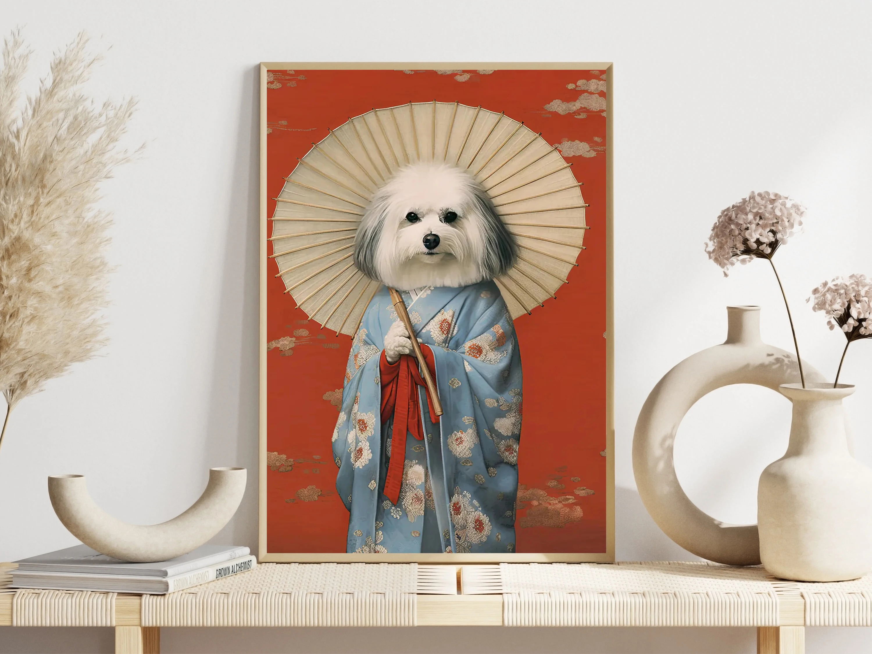 (1PC Unframe)Funny Dogs Geisha Portrait Posters Kimono Basset Hound Brittany Spaniel Prints Canvas Wall Art Pictures Home Living