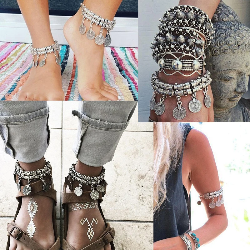 Bohemia Silver Color  Coin India Women\'s Anklet Chain Strap Foot Bracelet Barefoot Sandals Jewelry Beach Accessories For Women