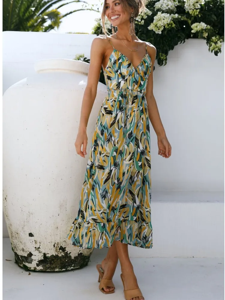 

Women's Summer Fashion Printed Strap Dress New Street Style Sweet And Elegant Commuting V-neck Long Dresses Vestidos Para Mujer