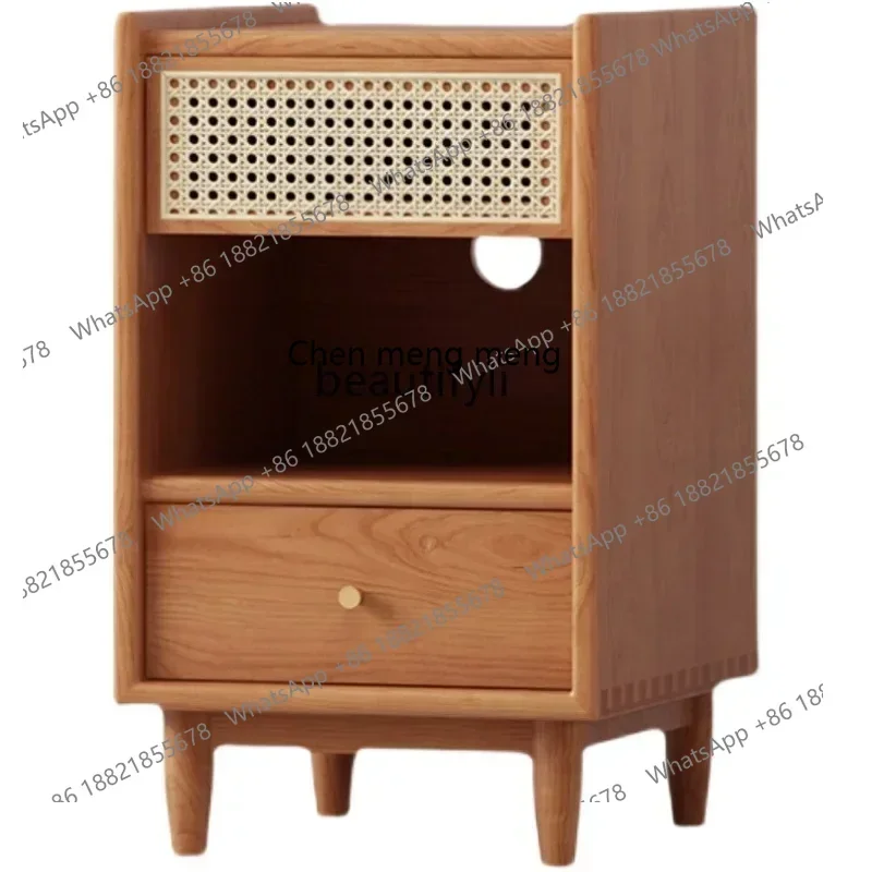 Nordic Solid Wood Bedside Cabinet Small Apartment Simple Rattan Bedroom Locker Cherrywood Bedside Cabinet Storage Cabinet