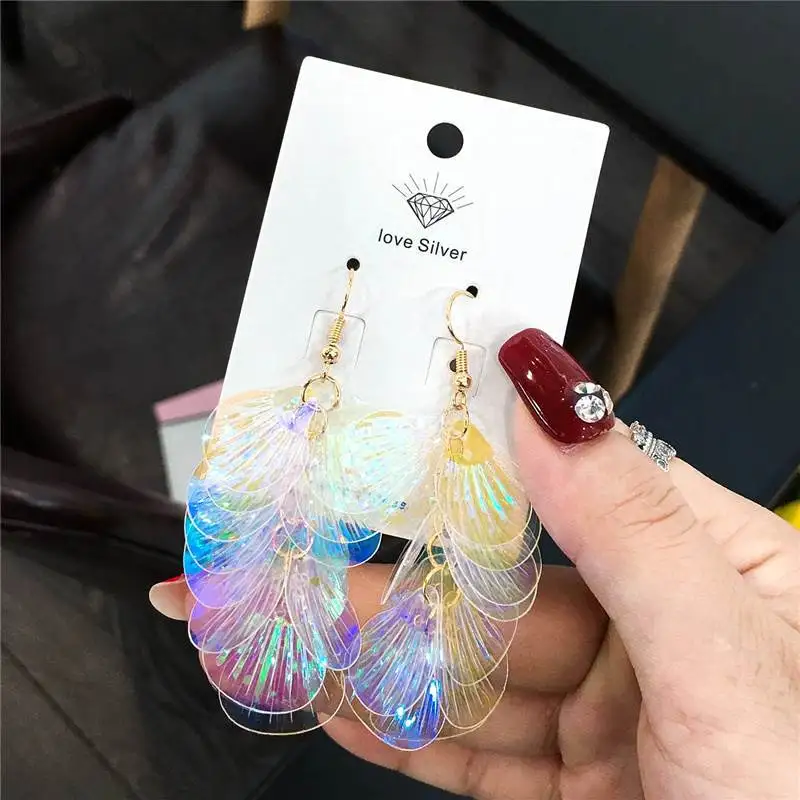 Fish Tail Pendant Exaggerated Dangle Earrings Super Fairy Temperament Long Tassel Sequins Earrings Woman Jewelry Accessories