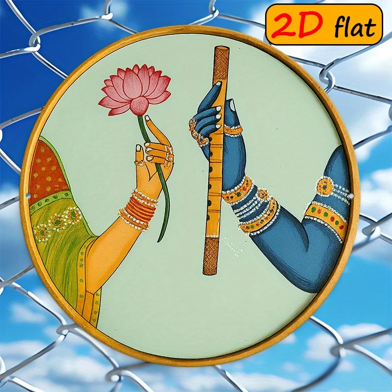2D Flat - 2D Plane - 7.87×7.87 Inch Round Aluminum Outdoor Plaque Depicting a Human Figure Holding a Lotus Flower And Flute, Per