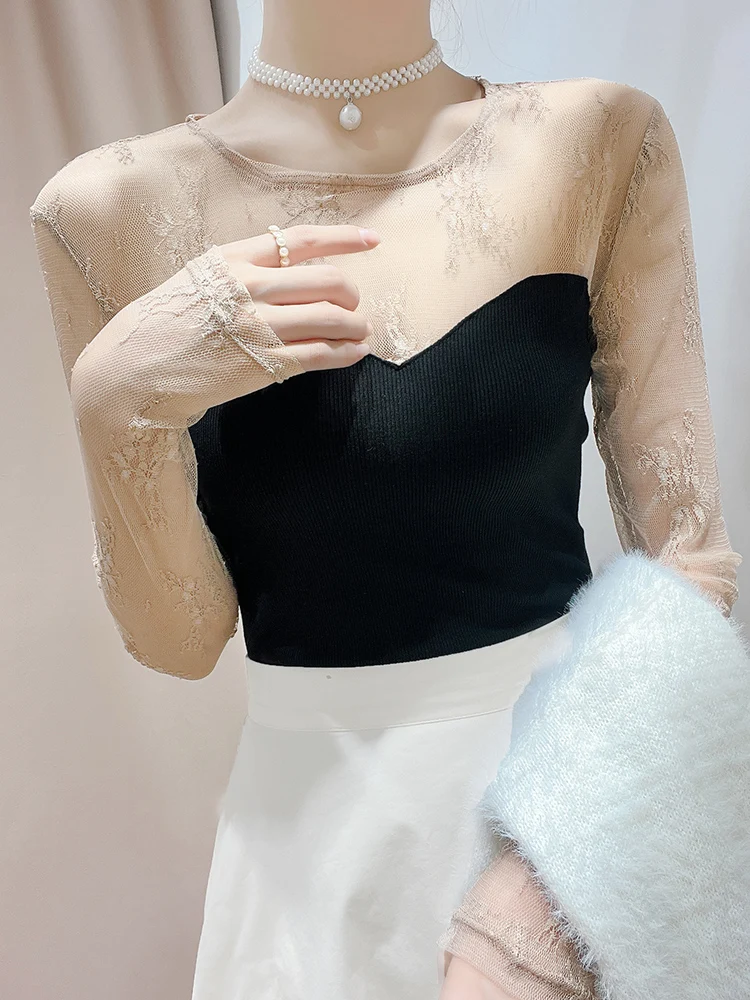 

Lace Base Layer irt Women's Spring Ele Small ence Inner Wear T-irt Knitted Patchwork Faionable Small irt Me...