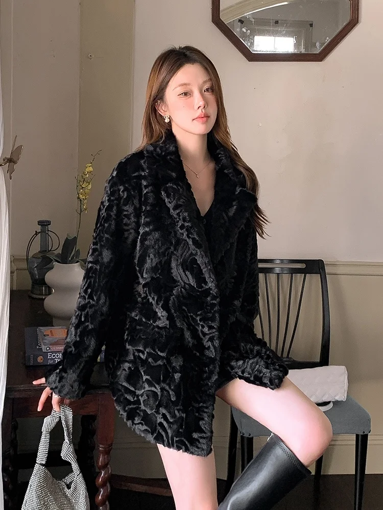 エコフレンドリーなレディースファーコート、ブララムウール、スーツカラー、プラウロングジャケット、スリ、秋冬新作、ユースファッション