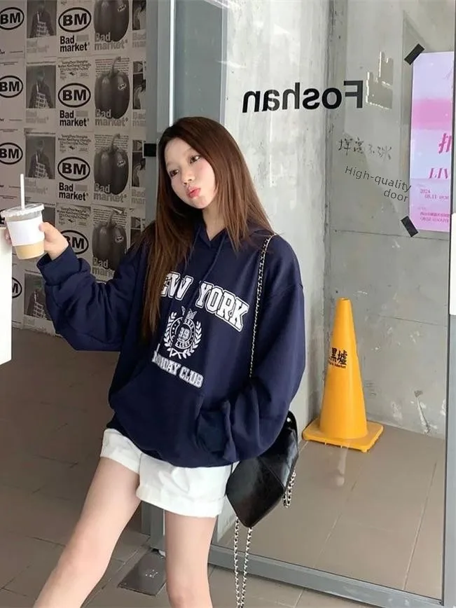 Felpa da donna retrò americana Sle Crew Ne, versione coreana casual, design versatile con stampa Fce, vestibilità ampia foderata