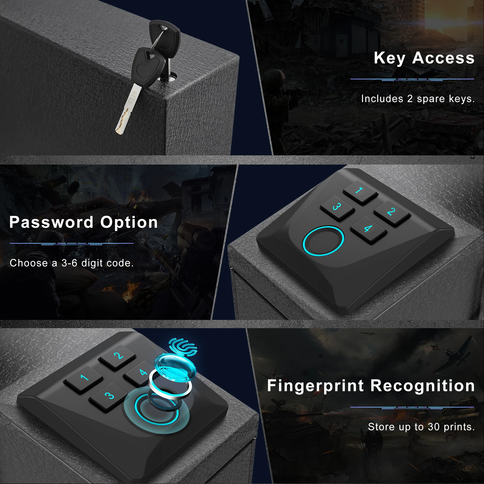 مسدس بيومتري آمن للتركيب، صندوق أمان للبندقية، آمن للوصول السريع مع ضوء LED، صندوق قفل لوحة المفاتيح ببصمة الإصبع