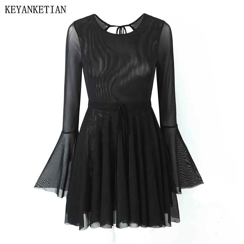 

KEYANKETIAN 2024 New Launch Women's Sexy Lace Up Backless Flare sleeve Dress Hot sweet Holiday wind Slim Tulle A Line Mini Dress