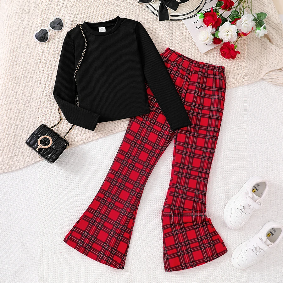 

Girls' casual spring and autumn clothing 2-piece set: plain round-neck long-sleeved top elasticated waist red plaid casual set