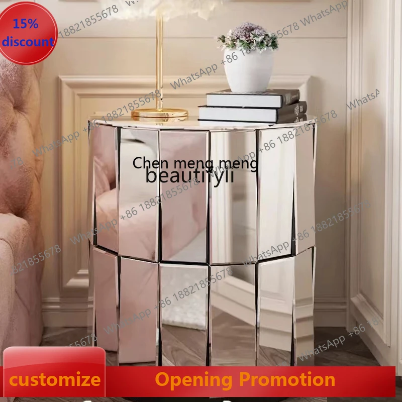 

S7486 ss Modern Simple Mirror Corner Table round Light Luxury Sofa Table Bedside Table Fashionable Bright Elegant Bedroom