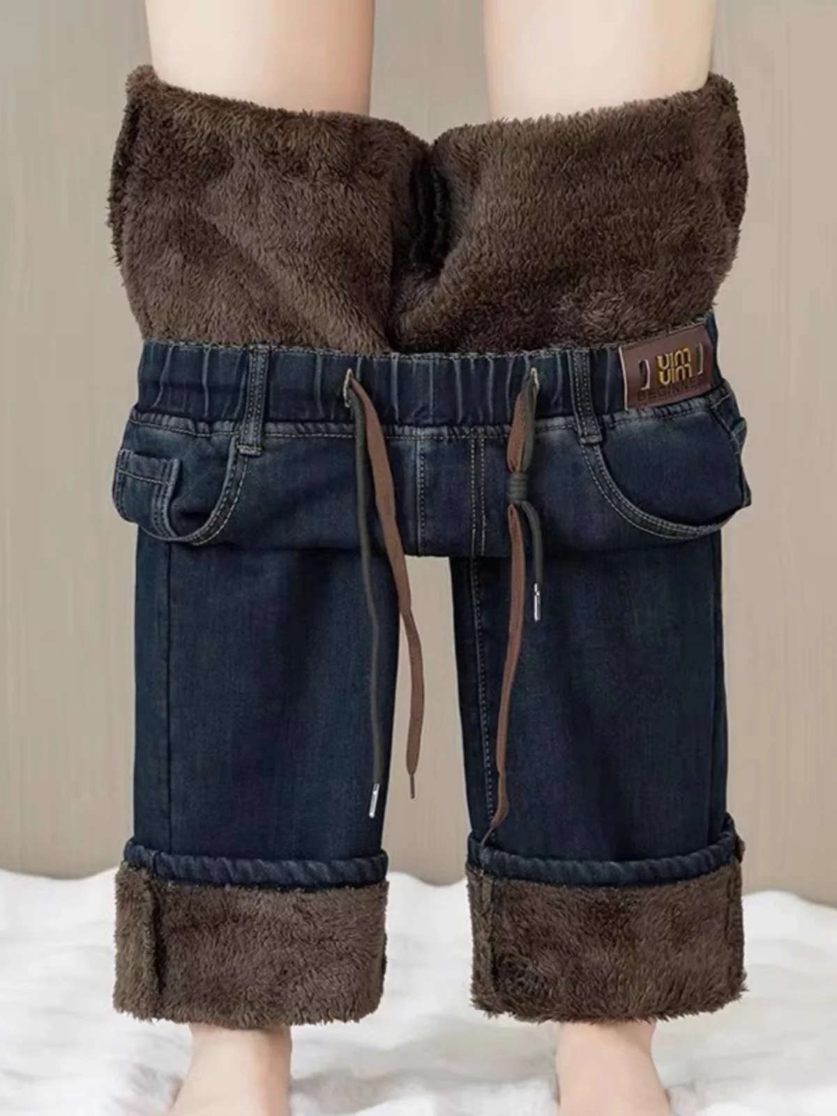 

Thiened Fce High Waist Wide Leg Jeans Women's Winter New Sle Warm Retro Straight Cut Slim Version Loose Fit Denim Pants