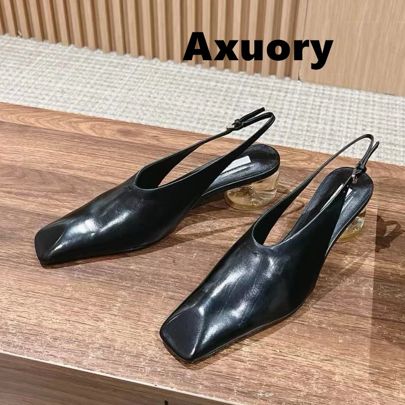 

Spring Women's Square toe sandals Thick heel Comfortable Solid Color High Quality Genuine Leather High 5.5cm