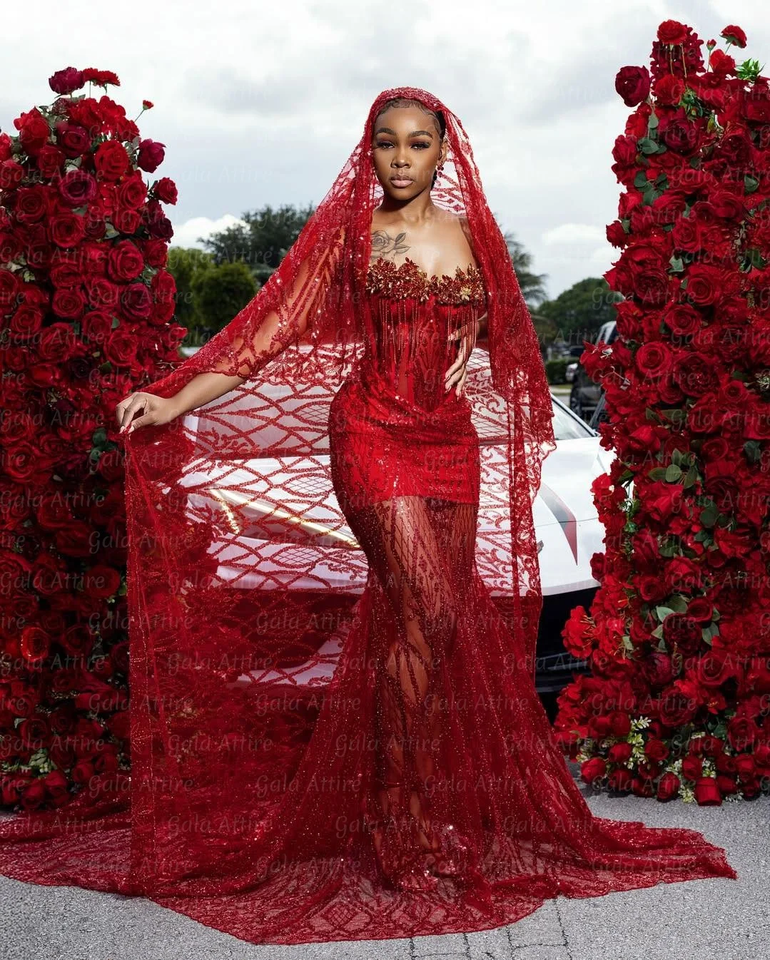 Dark Red Sequins Prom Dresse With Head Cover Luxury 2026 For Blackgirls Beaded Evening Dress Gown Formal Occasion Customized