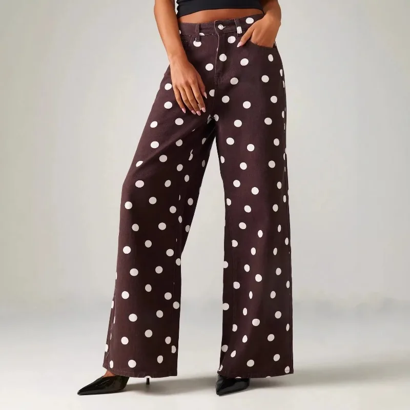 

Vintage Polka Point Loose Casual Waist Trousers Straight Wide Leg Denim Pants Retro Women'S Jeans Pants Summer Spring Female