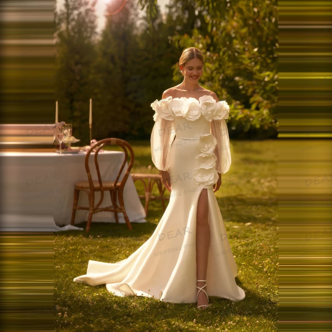 

Simple Sexy Wedding Dresses Women's Flowers Mermaid Split 2025 Bride Gowns Satin Off Shoulder Party Vestidos De Novia Customized