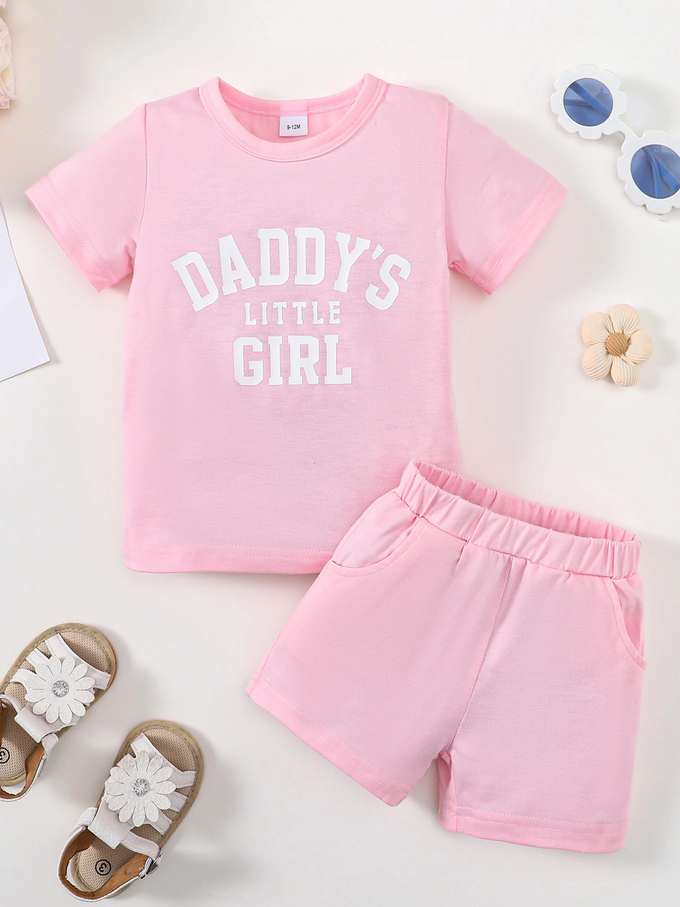 

Toddler Girl Summer Clothes Set 2PCS Baby Pink T-shirt Shorts Outfit Kids Letter Print Casual Daily Wear Children Clothing