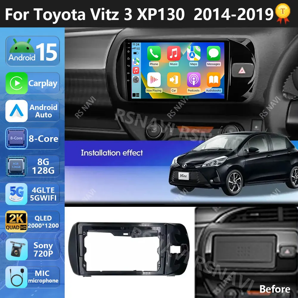 التوصيل والتشغيل أندرويد 15 Carplay لتويوتا فيتز 3 XP130 2014 - 2019 راديو السيارة الوسائط المتعددة مشغل فيديو الملاحة لتحديد المواقع ستيريو