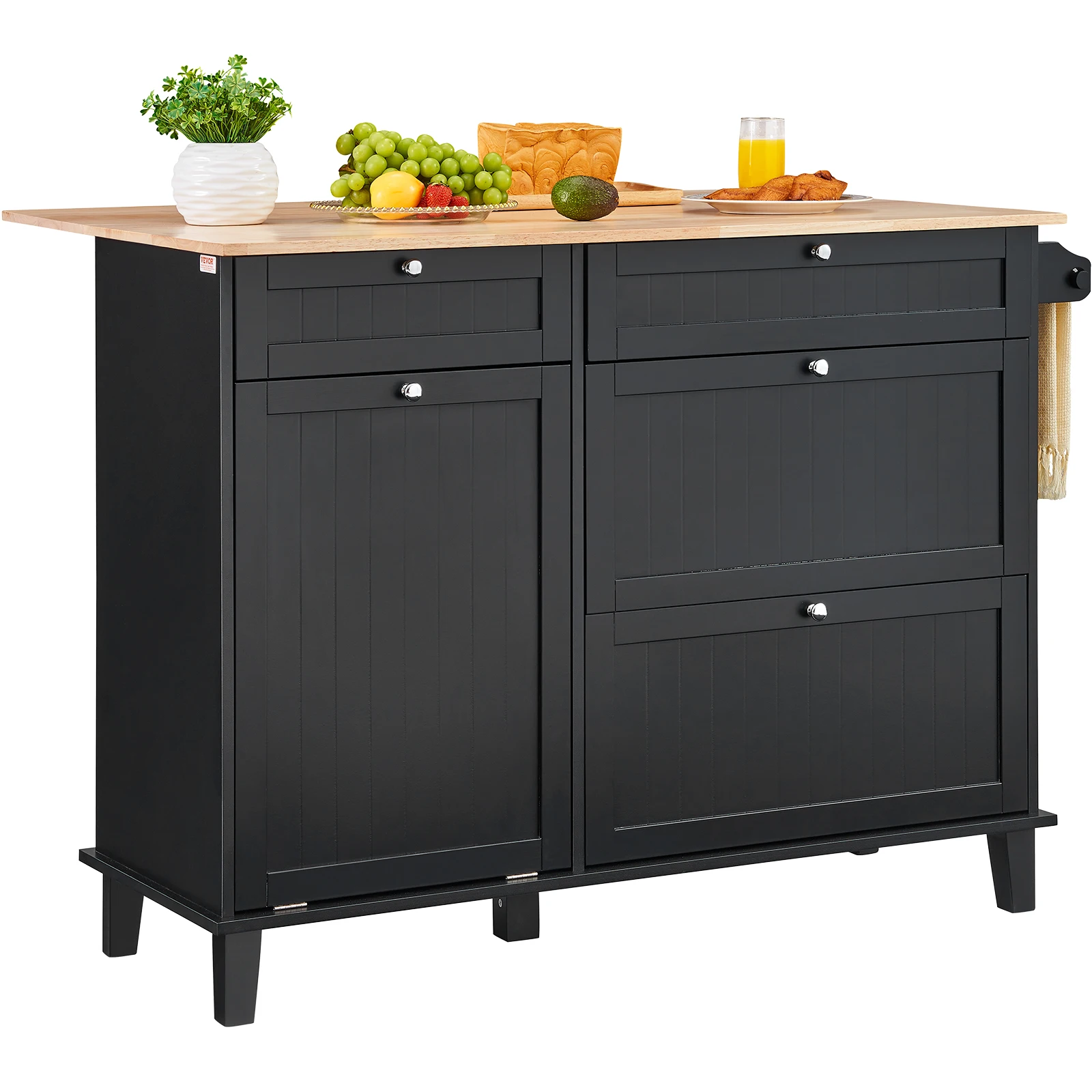 VEVOR Kitchen Island Cart Breakfast Bar with Trash Cabinet Tilt Out Storage Farmhouse Dining Living Room Table with Drop Leaf