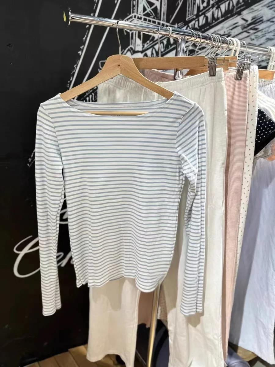 الأبيض الضوء الأزرق تي شيرت مخطط المرأة مغرفة الرقبة طويلة الأكمام سليم الأساسية تي شيرت الخريف بسيط عادية الحلو البلوز القمم تيز