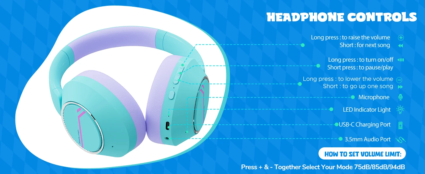 Kabellose Bluetooth-Kopfhörer für Kinder, aktive Geräuschunterdrückung, sichere Lautstärke, faltbares Headset mit Mikrofon für Kinder und Teenager – Detail 3