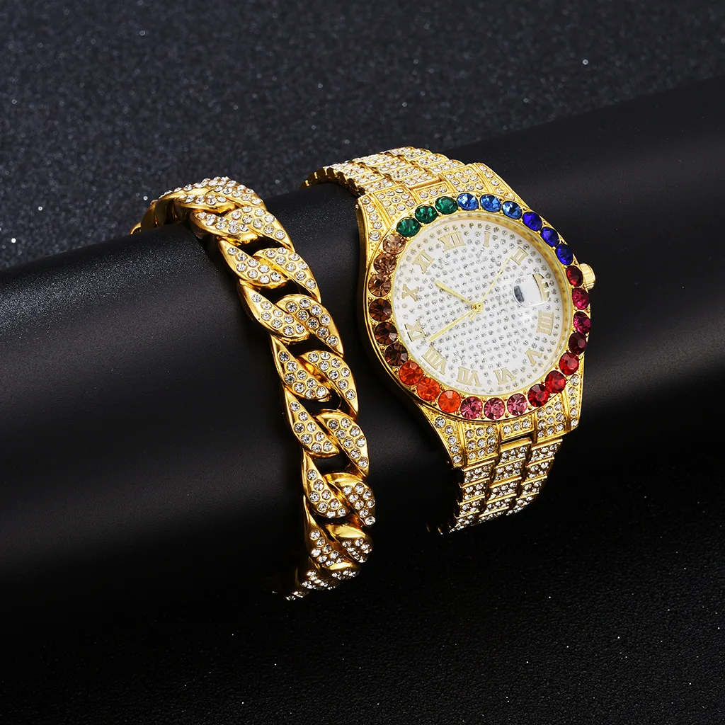 2pcs/set Watch Bracelet for Women Cuban Chain Bracelet Iced Out Watch for Women Luxury Colourful Jewelry Set Relojes Para Mujer