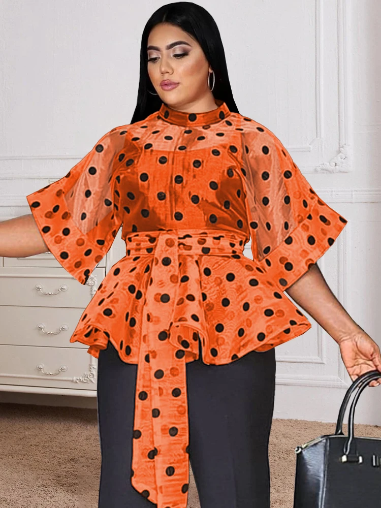 Sexy See Through Tops 3/4 Sleeve Black Polka Dot Organze White Orange Women Blouse Evening Party Plus Size Shirt Tops with Belt