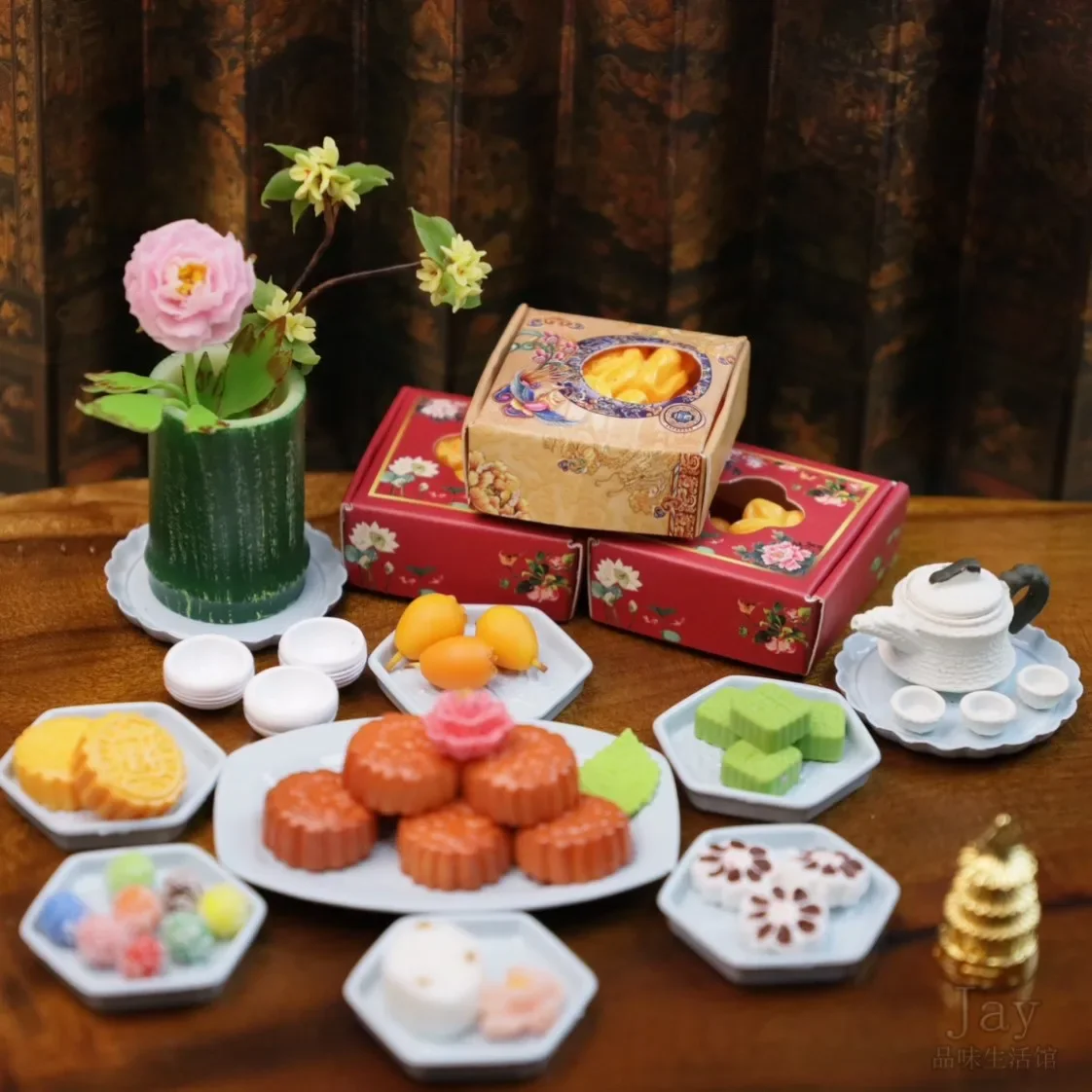 Doll House Mid-Autumn Festival Cantonese Mini Mooncake Mini Teapot Small Tea Pet Decoration Small Dish Set Chinese Pastry Model