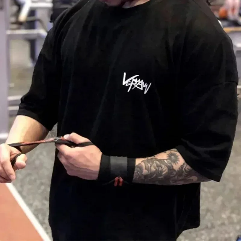 تي شيرت رياضي جديد برقبة دائرية، تي شيرت صيفي قطني كبير الحجم، قميص جري للتدريب، ملابس الشارع للرجال، شي نصف كم للرجال #1