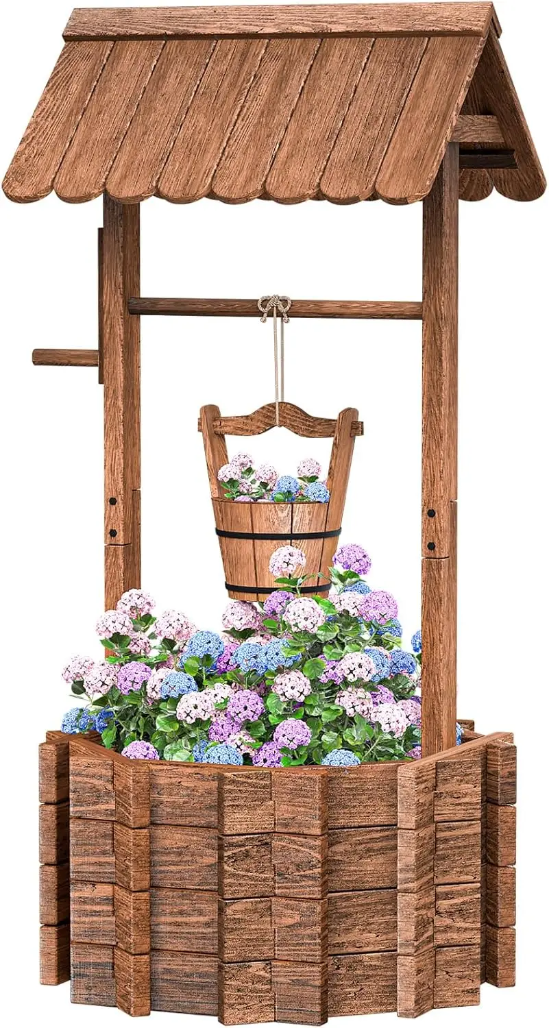 

Large Wishing Well for Outside, Wooden Wishing Well with Adjustable Hanging Bucket, Rustic Flower Planter Garden Patio