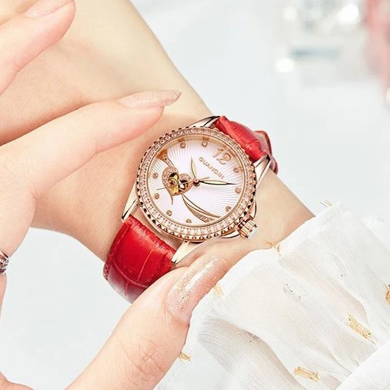 GUANQIN Luxury Women Mechanical Watch Automatic Movement Heart-Shaped Skeleton Steel Dial Leisure 50M Waterproof Luminous Clock