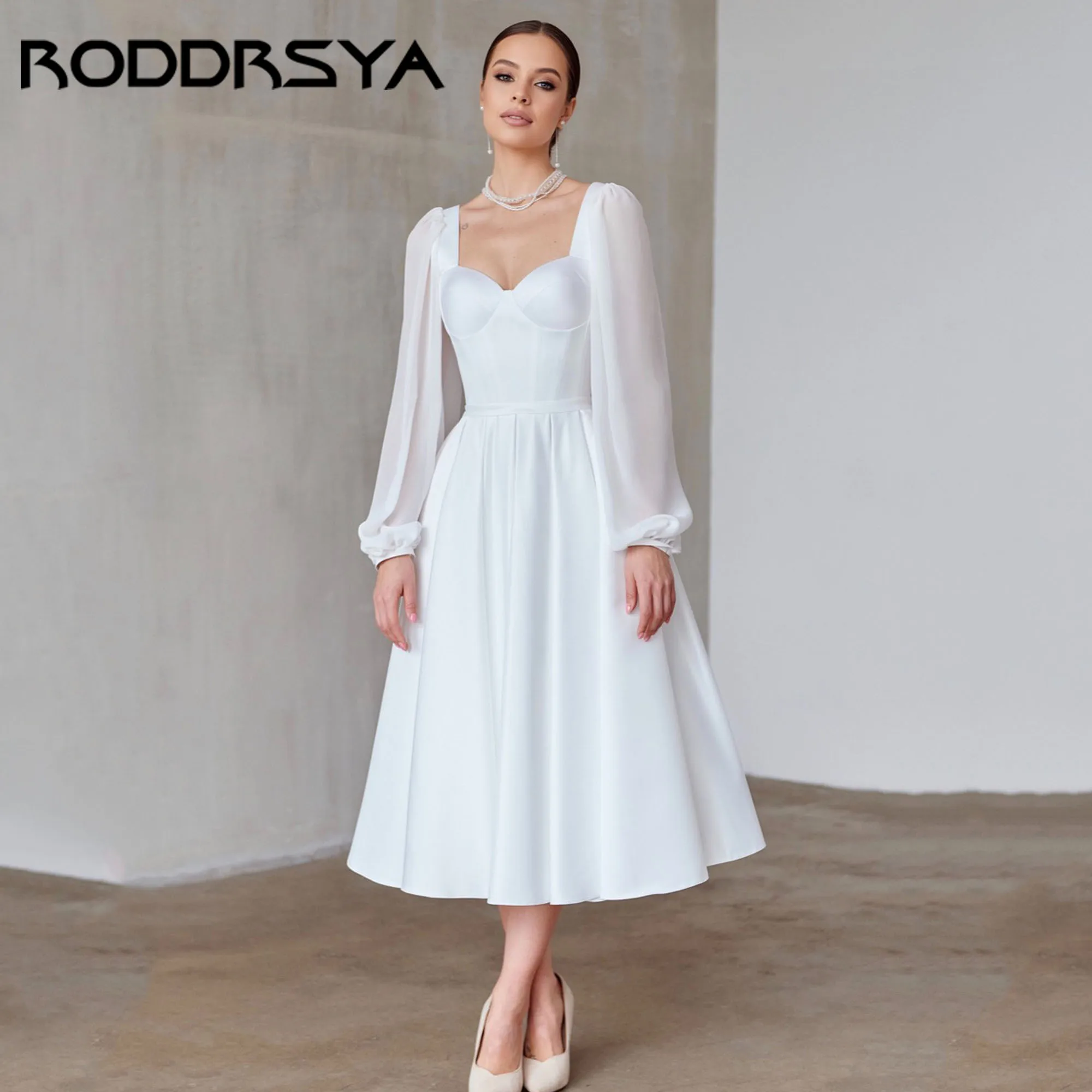 RODDRSYA Sweetheart Simple Wedding Gown Satin A-Line Long Puff Sleeve Bridal Dress Backless Lace Up vestidos de novia Customized