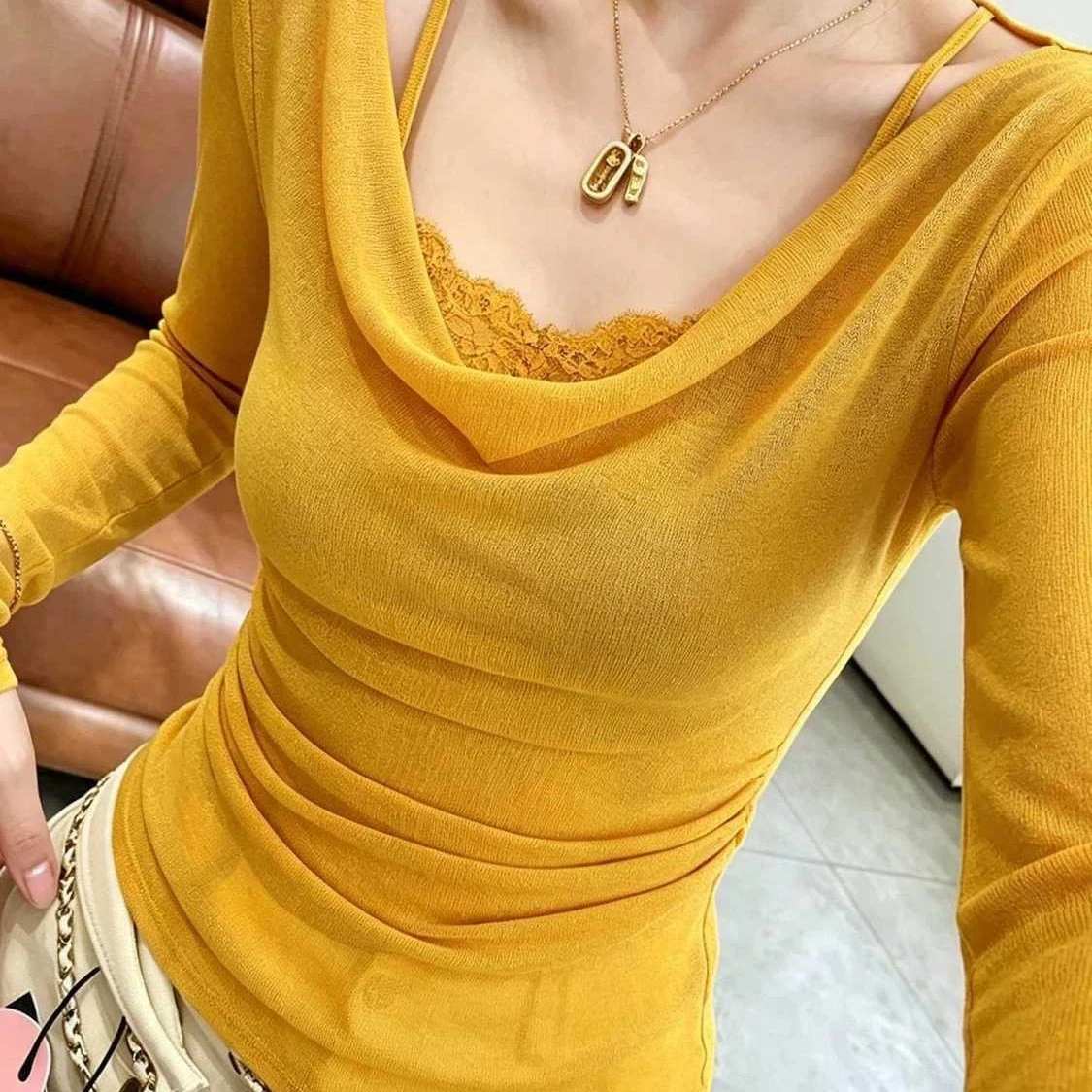 French Style Long Sleeve T-Shirt Women's Base Layer Top Yellow Lace Splicing Pleated Design Autumn Winter New Arrival