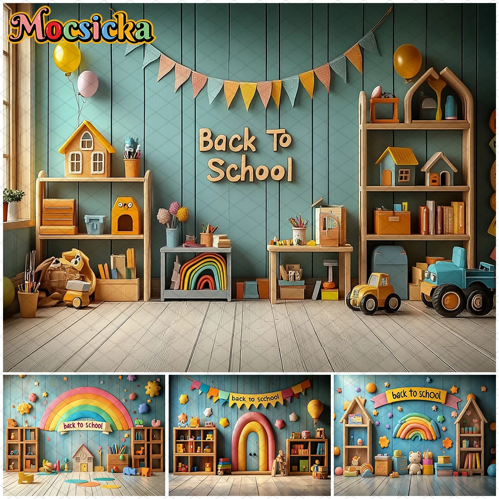 

Mocsicka Back To School Background Photography Children Student Photo Backdrop Classroom Rainbow Toy Car Book Decor Party Banner