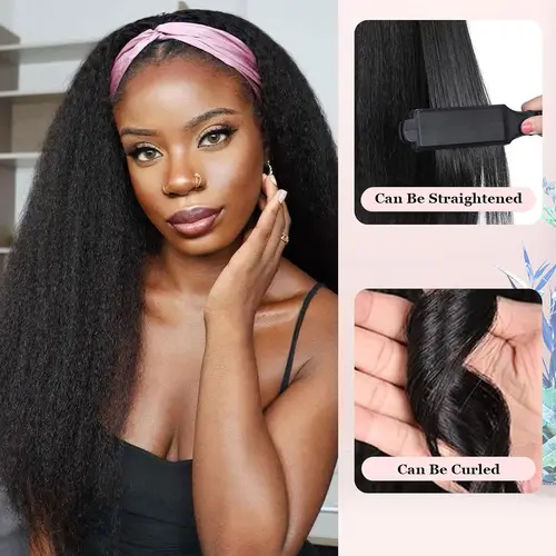 Imagen 2 del producto Pelucas de pelo liso y rizado largo para mujeres negras, peluca con diadema sintética, media peluca con banda para el pelo, hecha a máquina completa, sin encaje