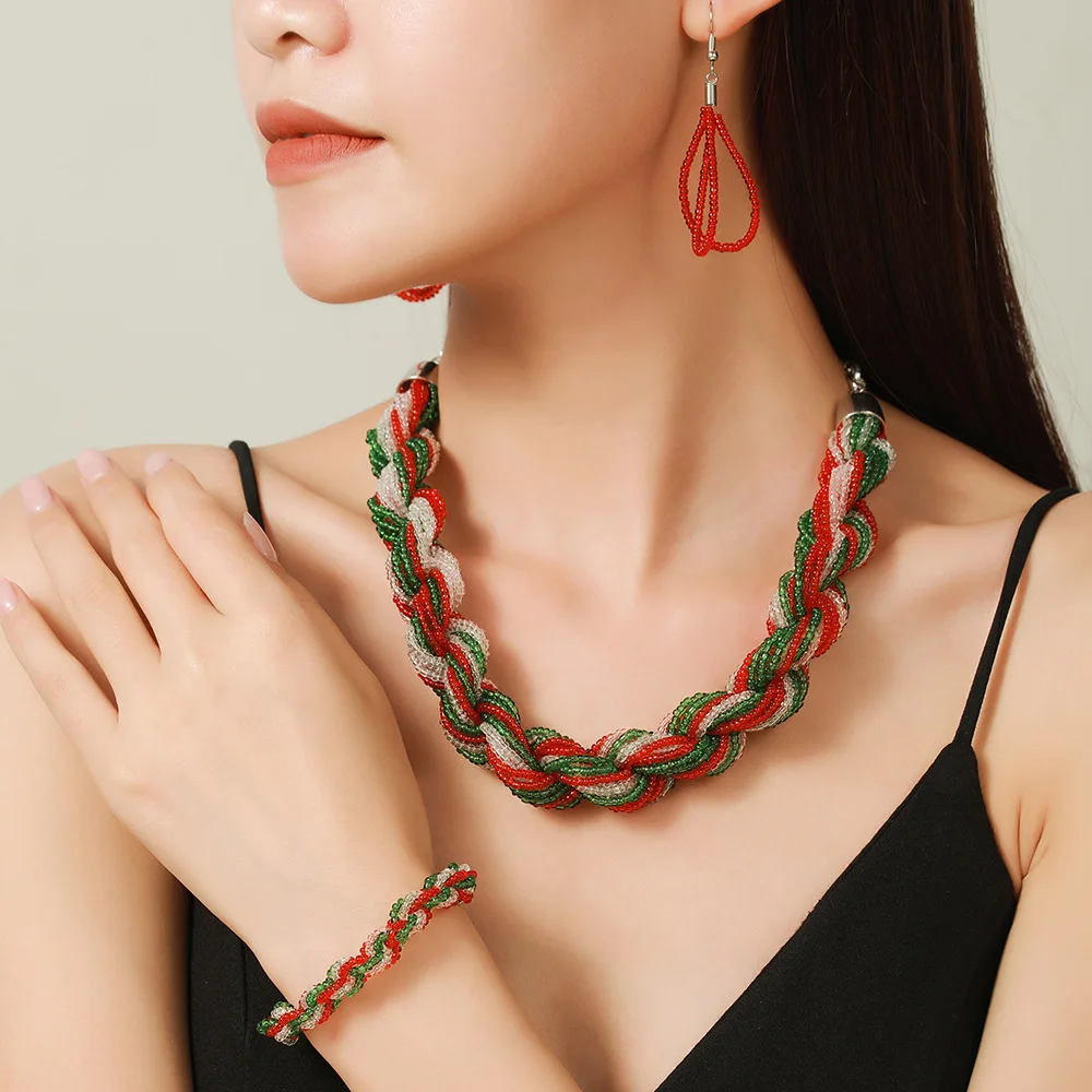 Meetvii Exaggerated Christmas Red Green Beads Jewelry Set Handmade Woven Necklaces Bracelets Earrings Mixed Match Jewelry