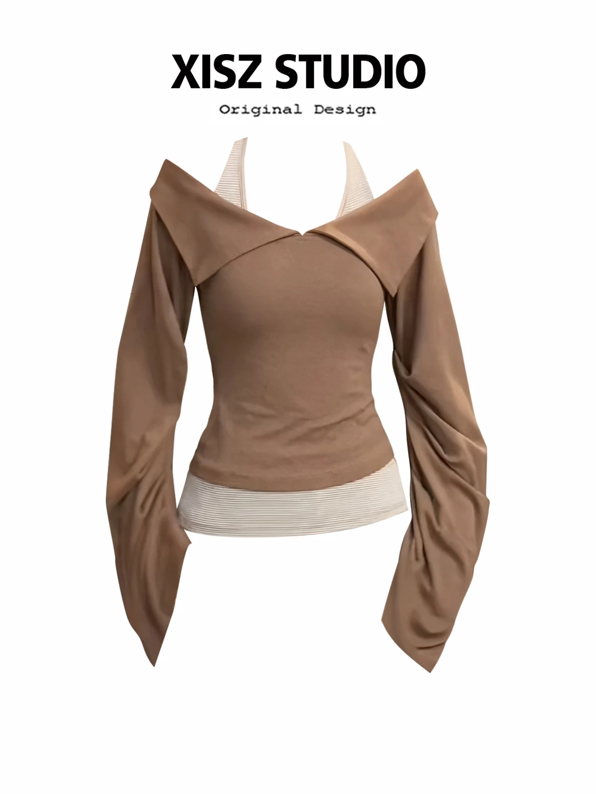 

Women's Brown Slash Neck T-shirt Harajuku Korean Y2k Tee Top 2000s Clothes Aesthetic Fashion Long Sleeve Vintage T-shirts Autumn