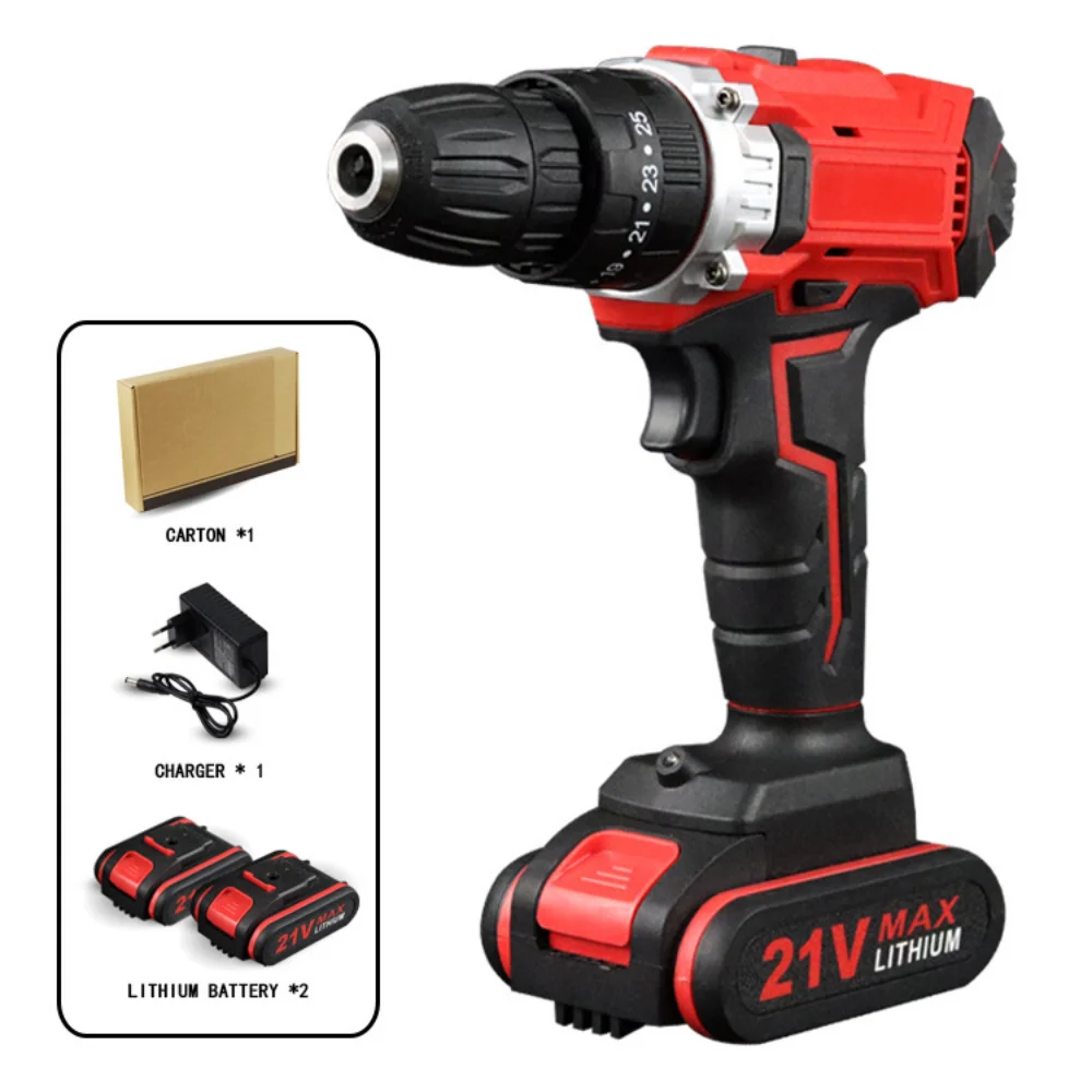 21V 1000W Electric Impact Drill 2 in 1 Electric Cordless Lithium-Ion Battery Mini Electric Power Screwdriver 2 Speed Power Tools