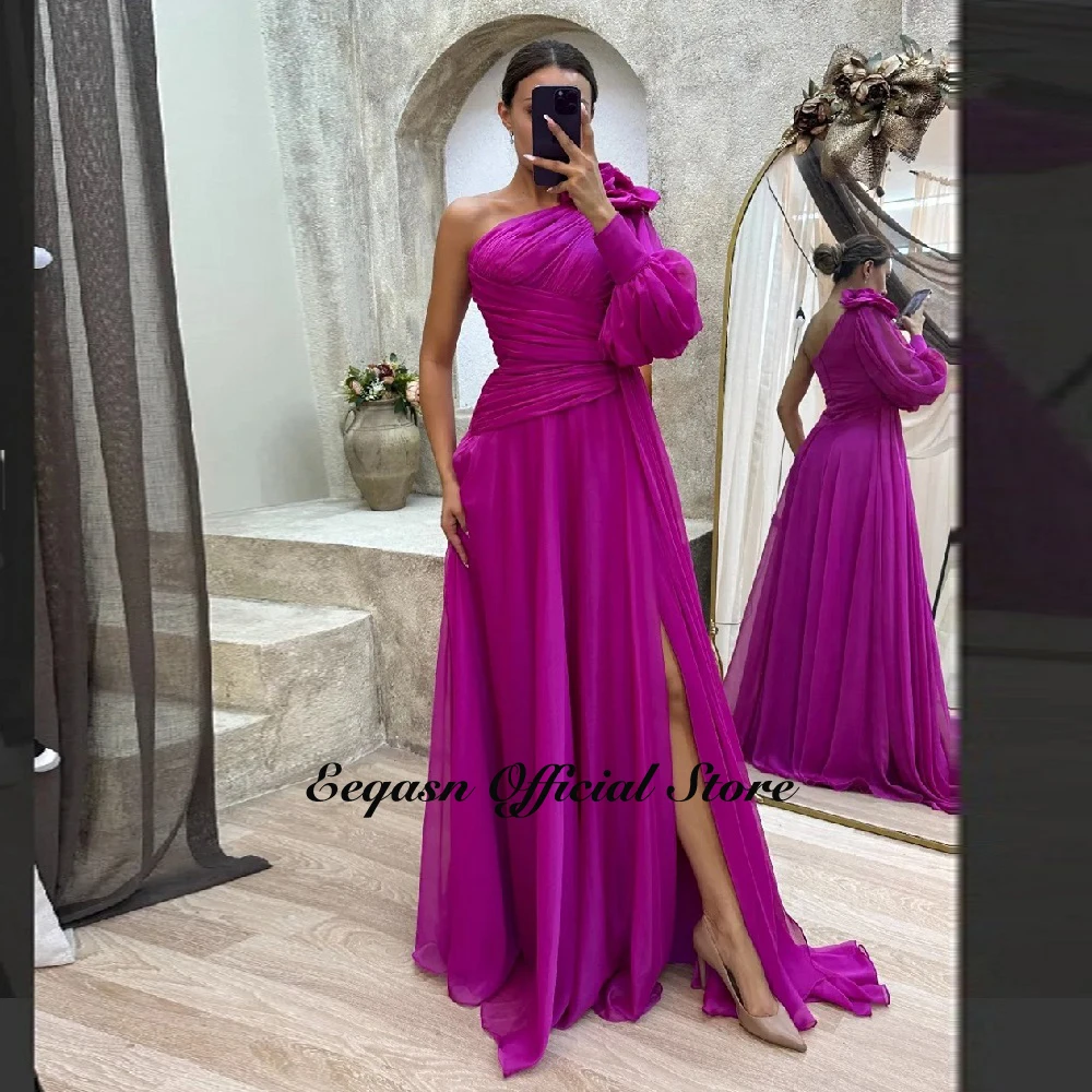 Customized One Shoulder Evening Dress A-Line Chiffon Long Sleeve Ruched Floor Length Split Formal Dresses Women Party Gown