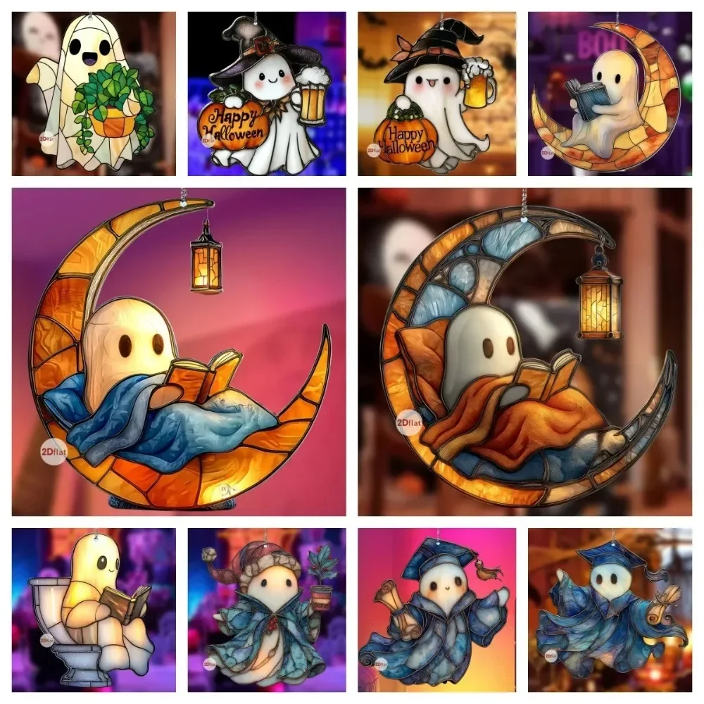 2D Halloween Cute Ghost Stained Glass Suncatcher Window Hanging Ornament Spooky Home Party Holiday Decor Halloween Novelty Gift