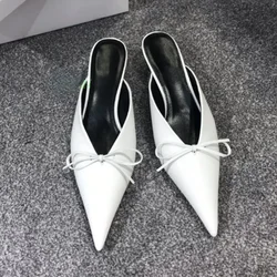 2024 New Pointed Half Pack Slippers Women's Bow Short Heel Cat and Muller Half Slippers
