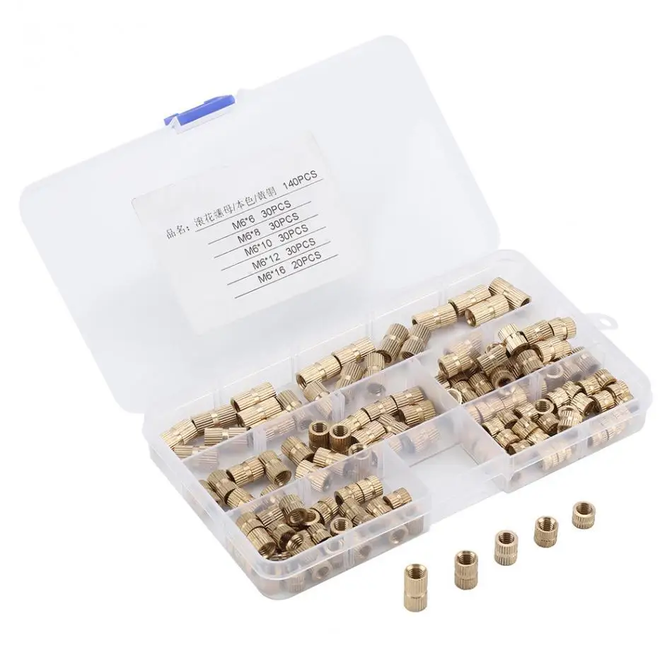 140pcs M6 Eco-friendly Brass Knurled Cylinder Insert Nuts, Mold-in Embedded Thread Nuts for Plastic Injection