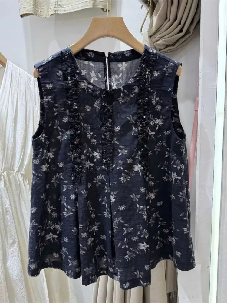 Fashion Vintage Shirts Sleeveless Floral Print Ruffles Patchwork Pleated Blouses Summer Design Tops Ethnic Style Women Clothing