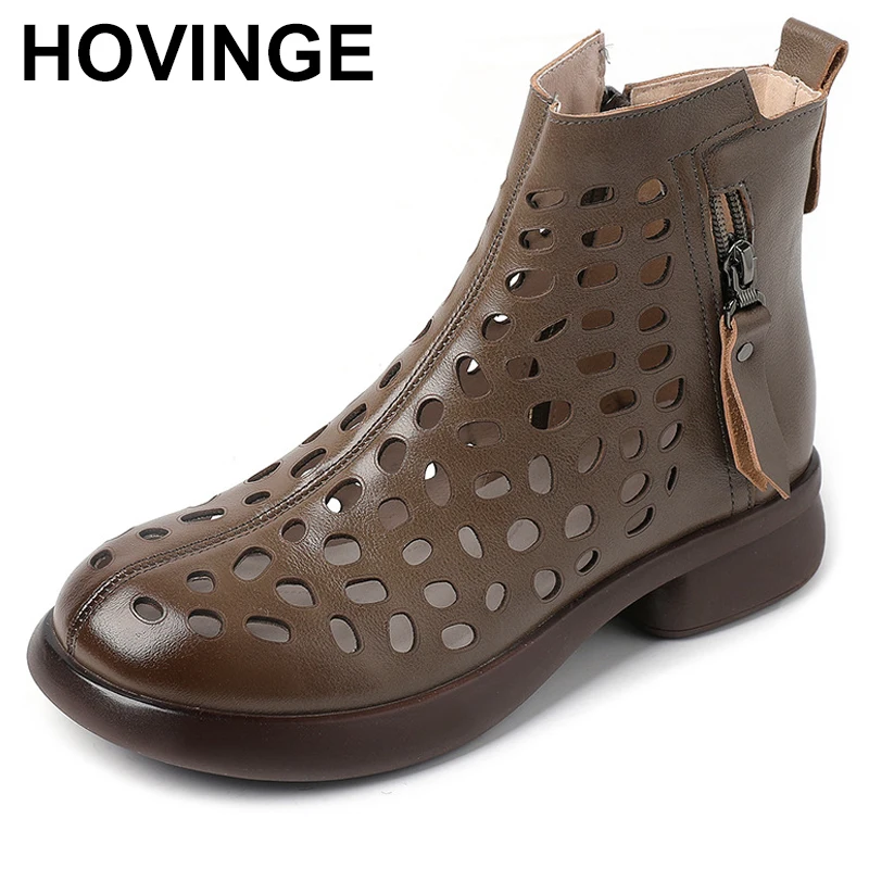 

Summer Ankle Boots Genuine Leather Shoes Women Mid Heels Sandals Back Zip Boots Cutout Breathable