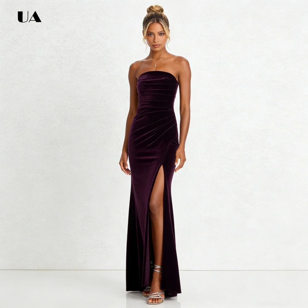 

Simple Hi-lo Mermaid Prom Dress with Strapless, Solid High Slit Evening Dresses for Women, Pleated Velvet Customized Party Gown