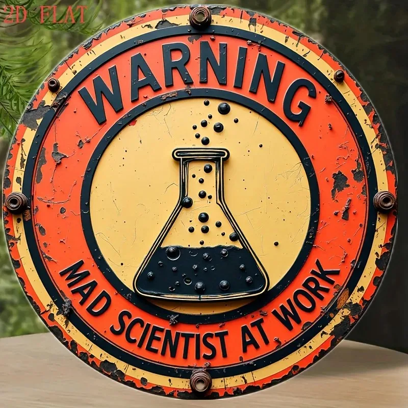 8-Zoll Vintage-Warnschild „Verrückter Wissenschaftler“ – Runde Aluminium-Wanddekoration mit Chemikalienflaschen-Design