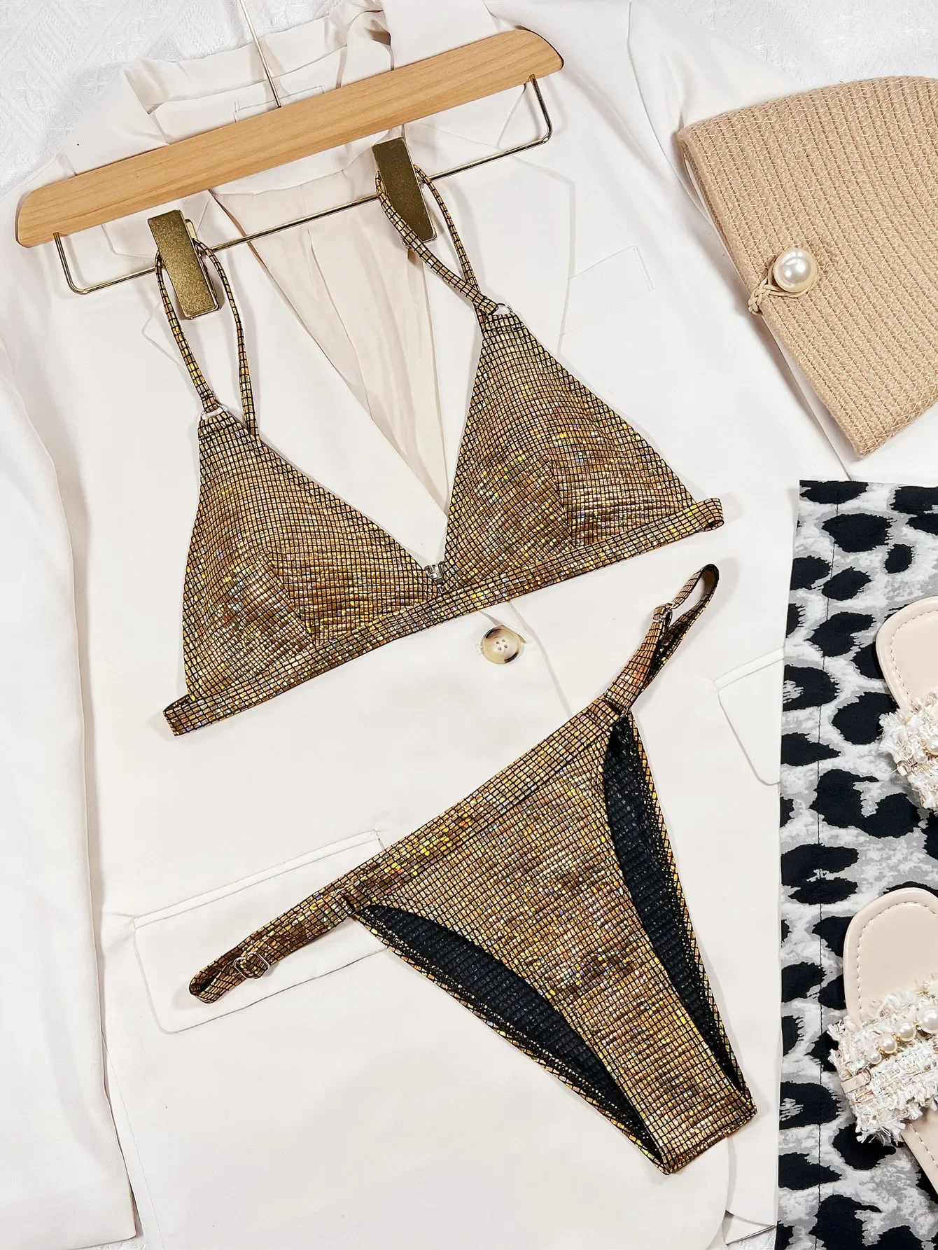 

sexy glitter gold sequine metal ring bikinis sets two pieces thong swimsuit swimwear women beach outfits biquini tankini
