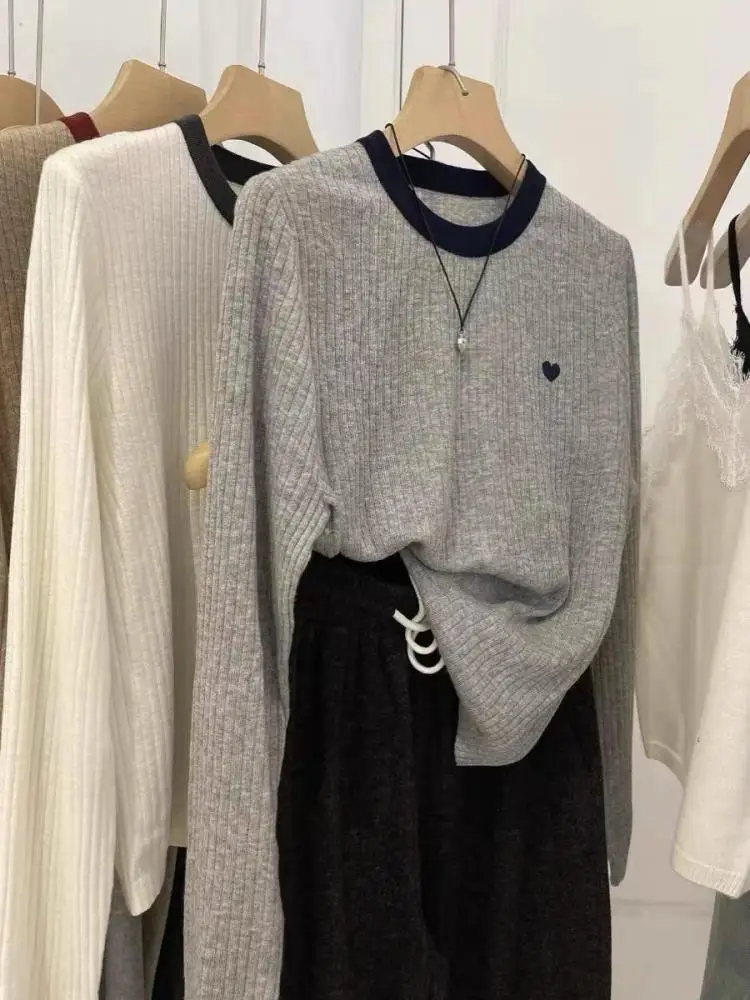 

Women Patchwork Heart-shaped Embroidery Versatile Knit Sweater Autumn Korean Fashion Long Sleeve Pullovers Slim Tops Casual Chic